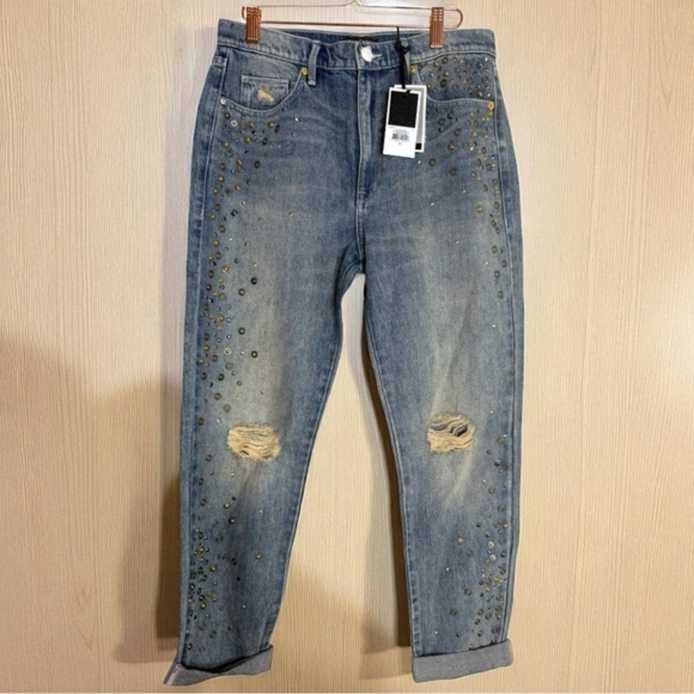 NEW Juicy Couture Black Label Denim Indigo Mixed Metal Studded Girlfriend Jeans